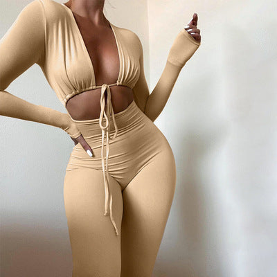Damen figurbetonter Jumpsuit mit tiefem V-Ausschnitt und eleganten langen Ärmeln Stalluxe