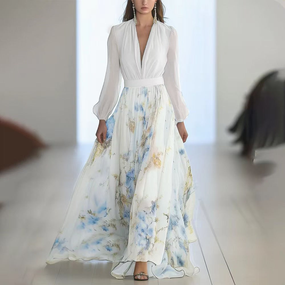 Damen Elegantes Maxikleid mit floralem Print und tiefem V-Ausschnitt Stalluxe