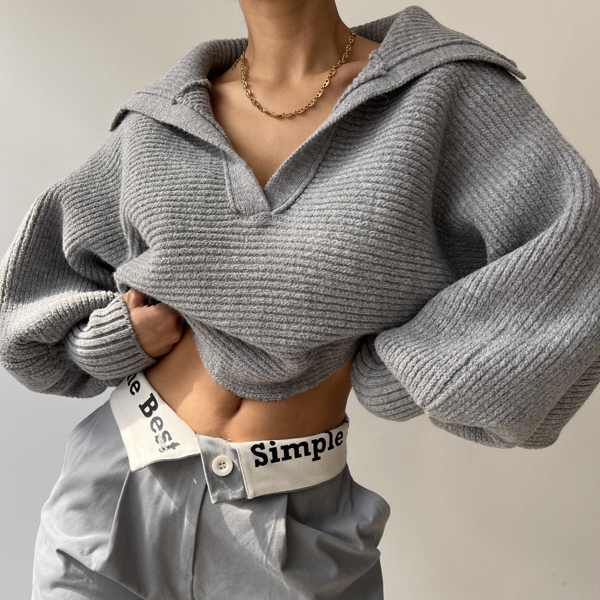 Damen cropped Strickpullover mit weitem Schnitt und angesagtem Kragen Stalluxe