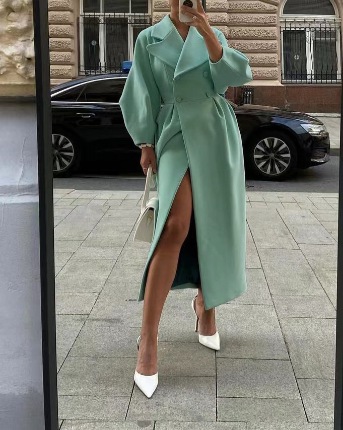 Damen Trenchcoat mit asymmetrischem Schlitz und puffärmeligen Details Stalluxe