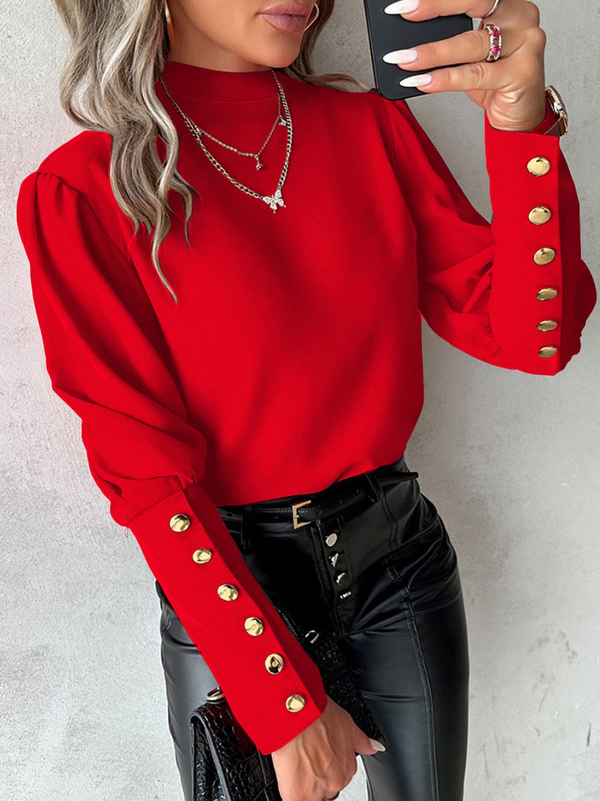 Damen Elegante Bluse mit Puffärmeln und Knopfdetails Stalluxe