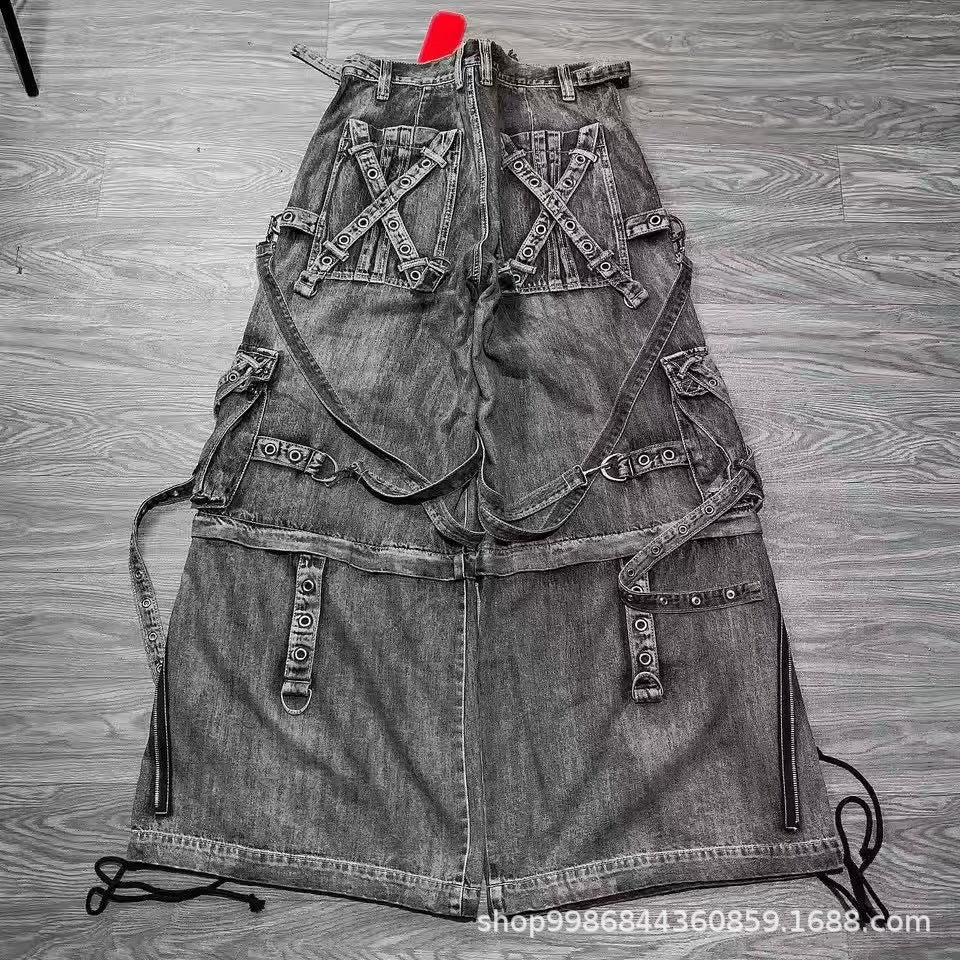 Damen auffällige Denim Latzhose mit abnehmbaren Trägern und vielen Taschen Stalluxe