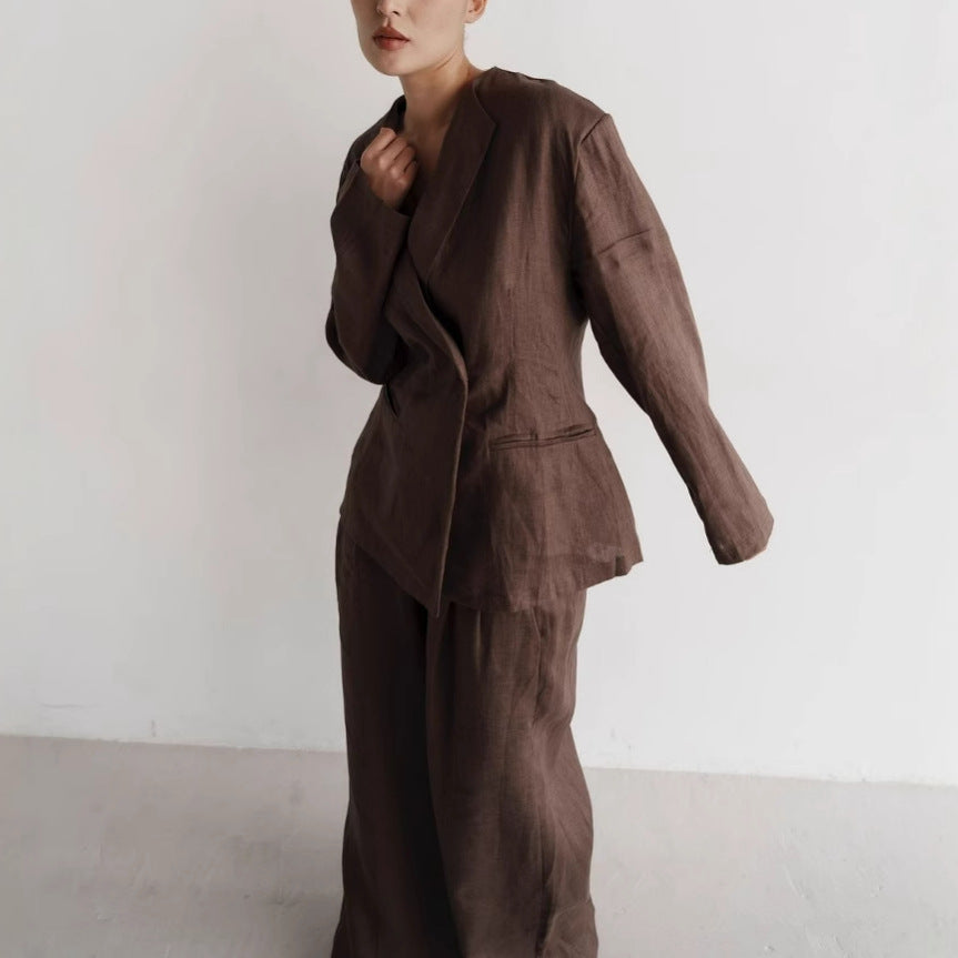 Damen elegantes Leinenanzug-Set mit langärmliger Jacke und weitem Schnitt Stalluxe