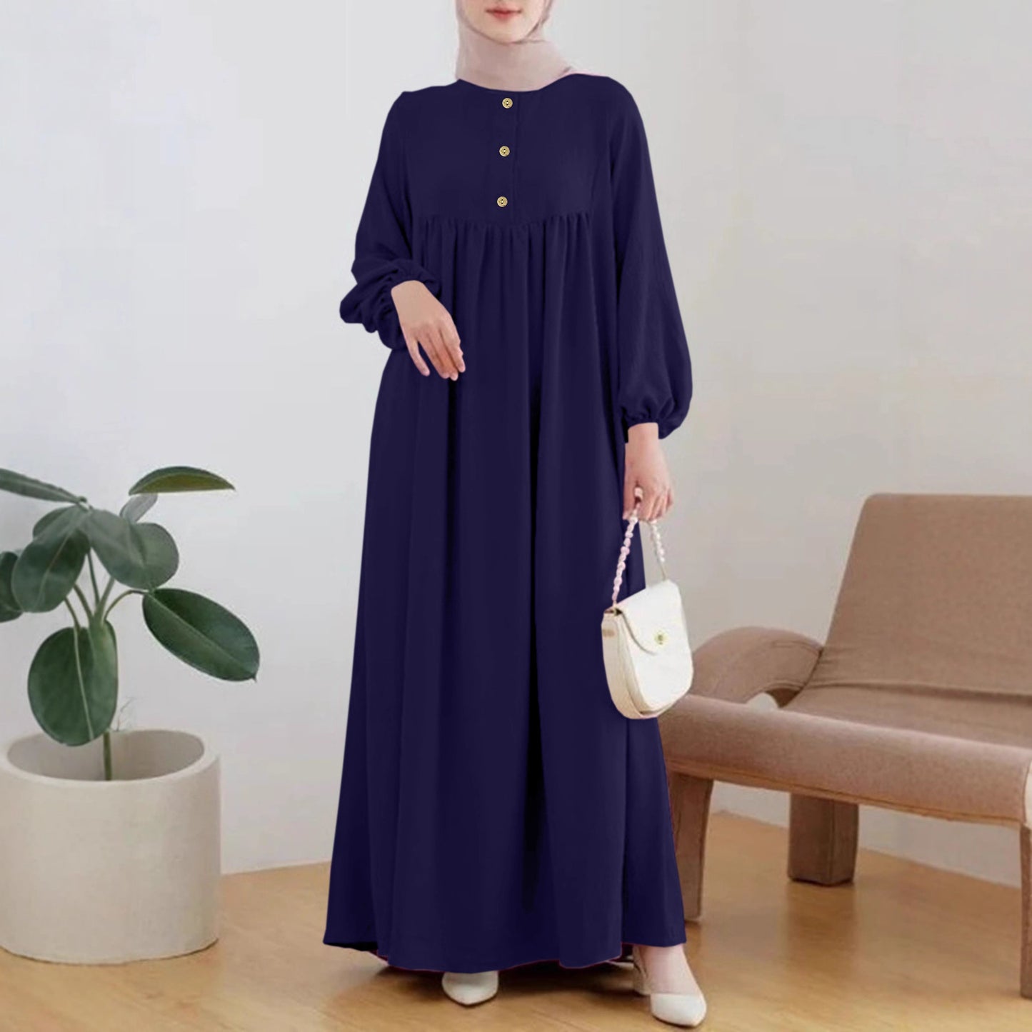 Damen luftiges Maxikleid mit bequemer Knopfleiste und eleganten Puffärmeln Stalluxe