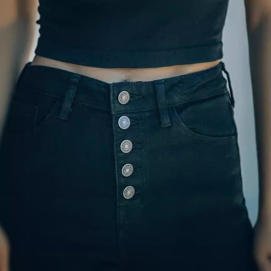 Damen Hochtaillierte Skinny Jeans mit knöpfbarem Bund und figurbetontem Schnitt Stalluxe