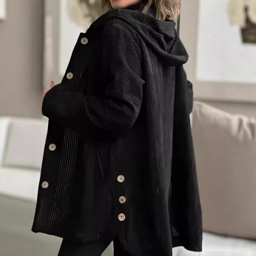 Damen Lässige cordjacke mit Kapuze und großen Knöpfen Stalluxe