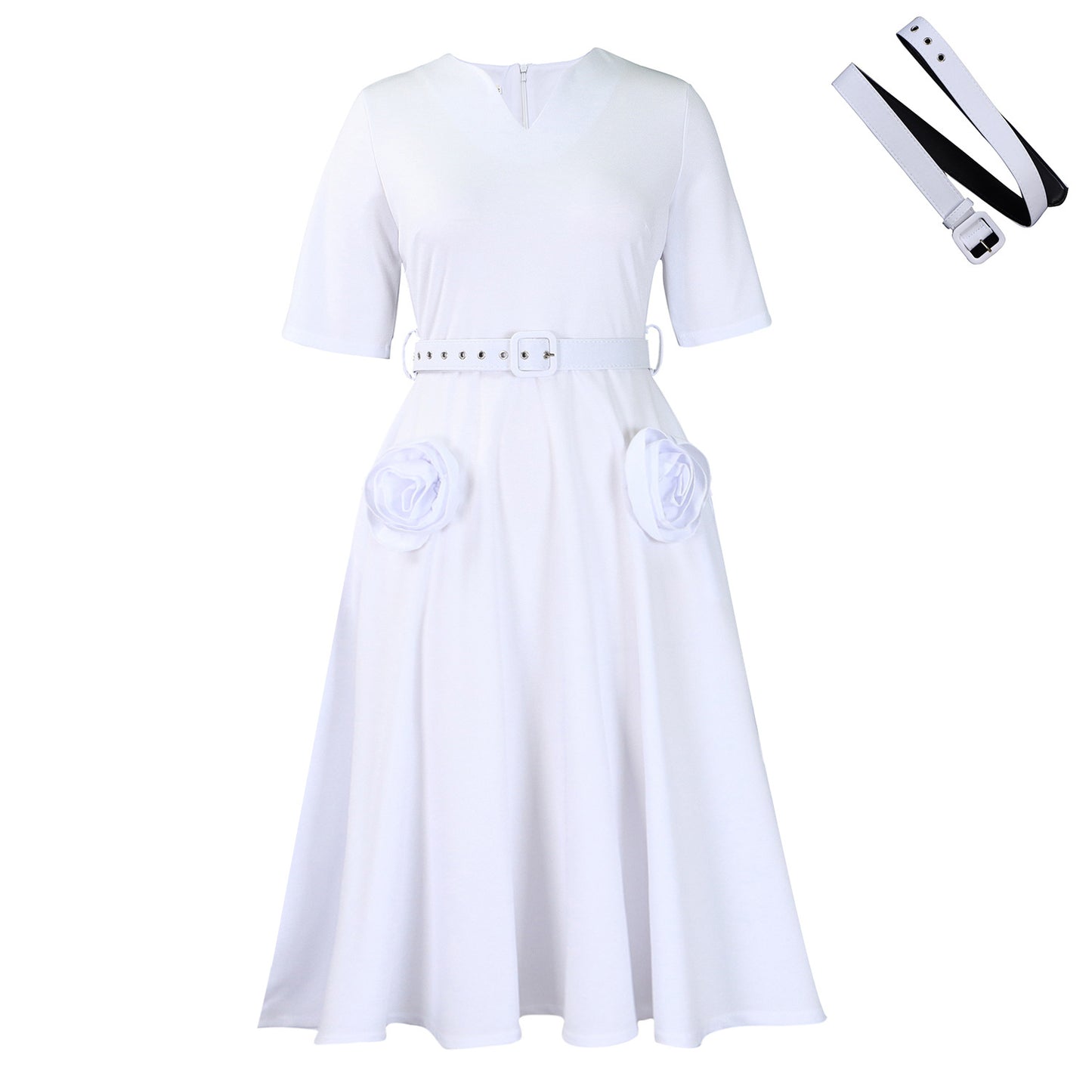 Damen Midi-Kleid mit dekorativen Blumenapplikationen und Taillengürtel Stalluxe