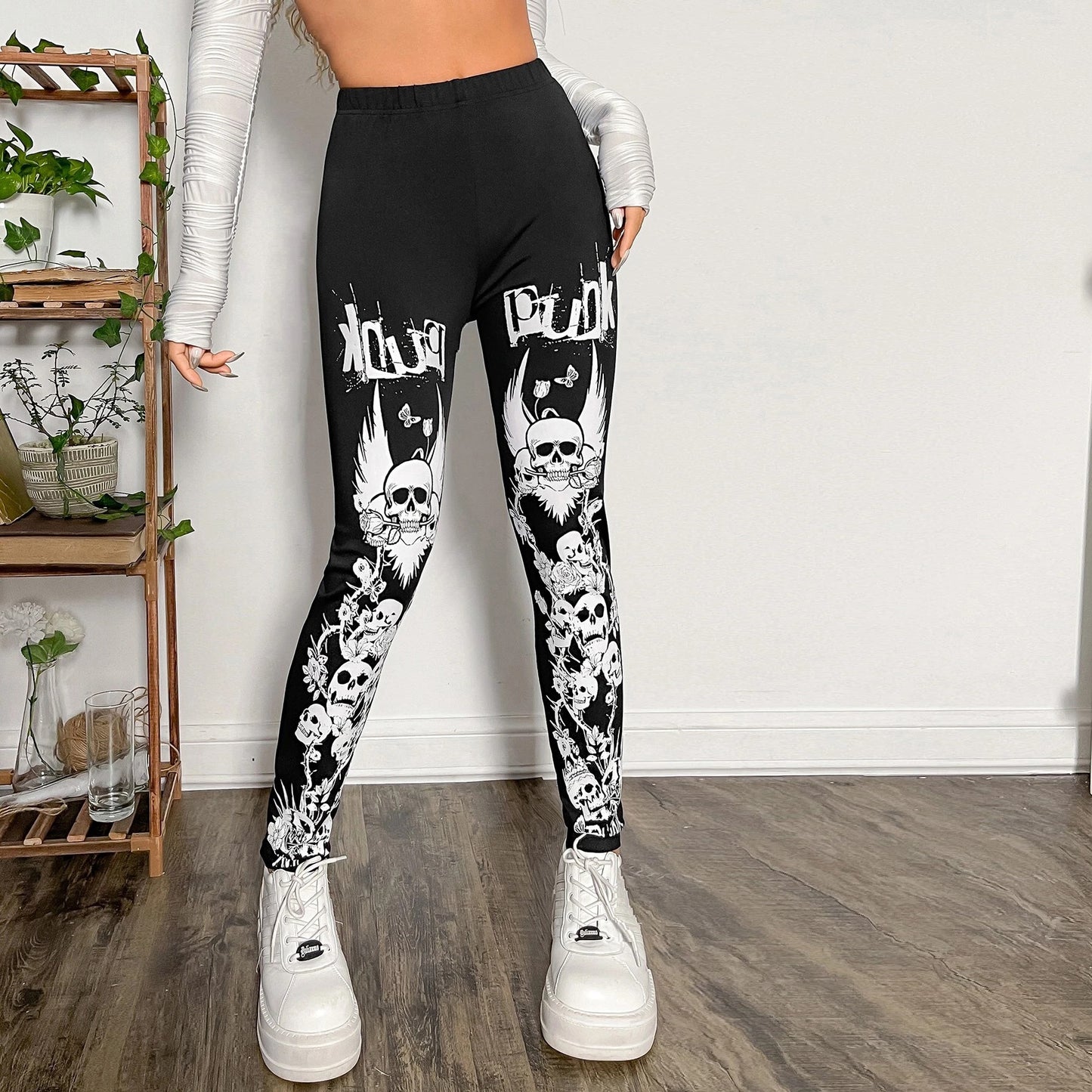 Damen Leggings mit auffälligem Totenkopf- und floralem Design Stalluxe