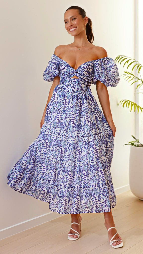 Damen Maxikleid mit voluminösen Puffärmeln und floralem Print Stalluxe