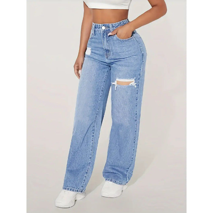 Damen weite Jeans mit modischen Rissdetails und hohem Bund Stalluxe