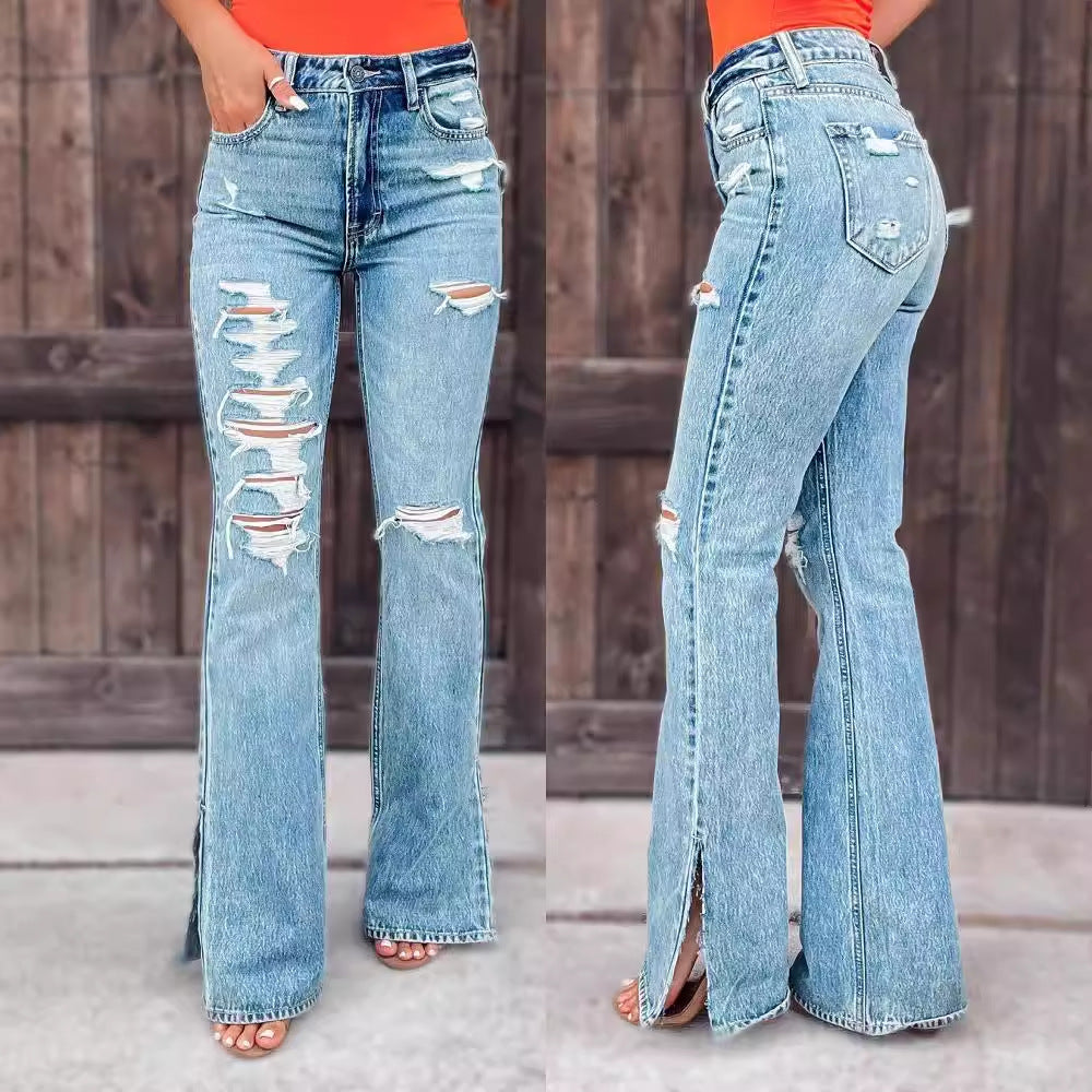 Damen Flared Jeans mit Distressed-Effekten und seitlichen Schlitzen Stalluxe