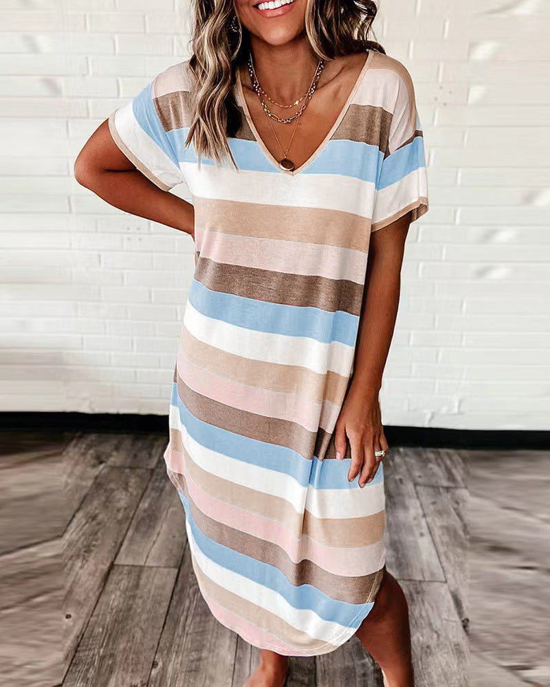 Damen lässiges Viskosekleid im gestreiften Design mit tiefem V-Ausschnitt Stalluxe