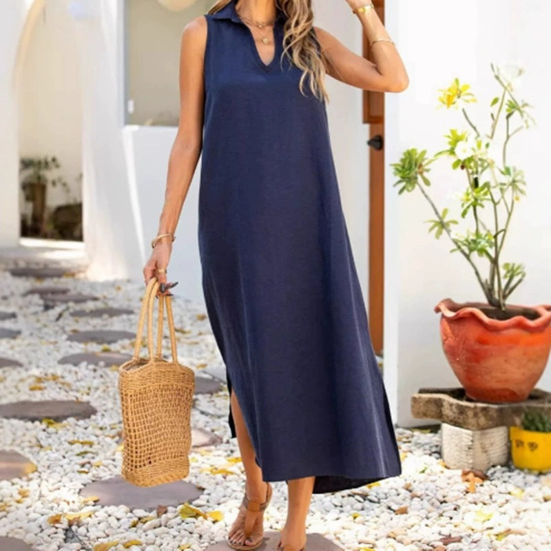 Damen lässiges Maxikleid mit seitlichen Schlitzen und Kragen Stalluxe