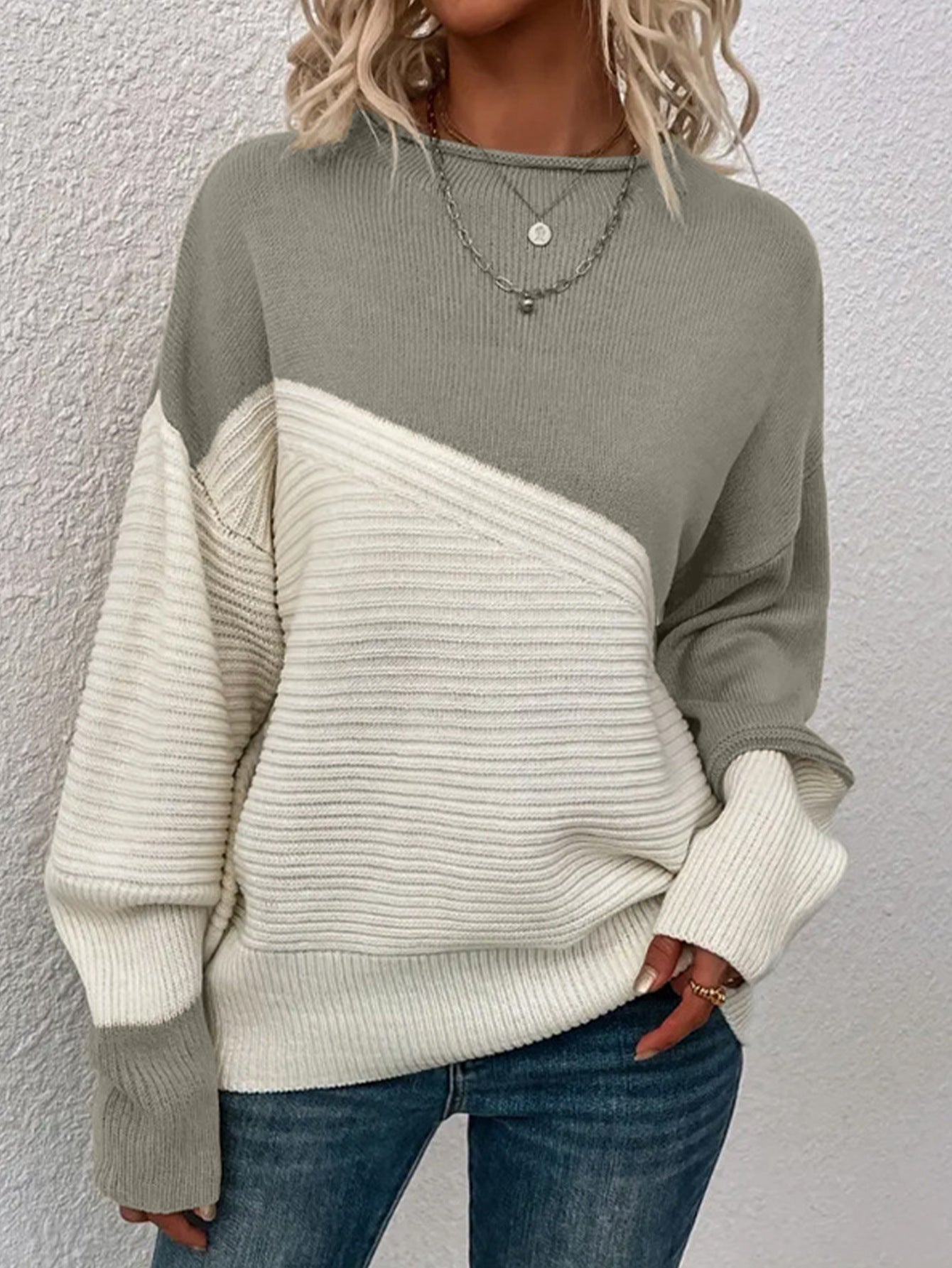 Damen lässiger Pullover mit kontrastierenden Texturen und lockerem Schnitt Stalluxe