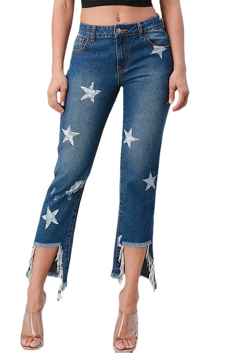 Damen modische Jeans mit Sternen-Design und fransigem Saum Stalluxe