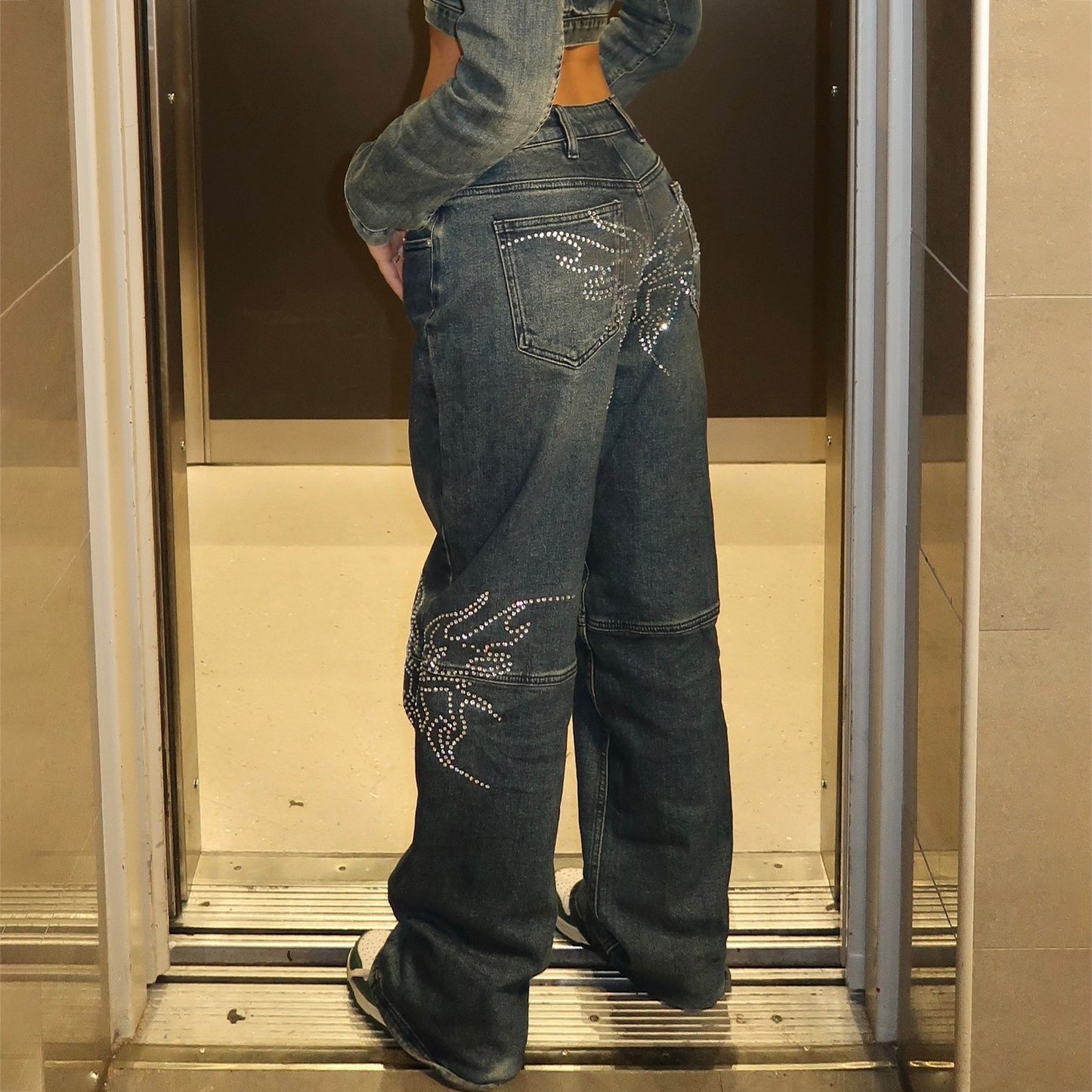 Damen Denim-Hose mit einzigartigen Strass-Applikationen Stalluxe