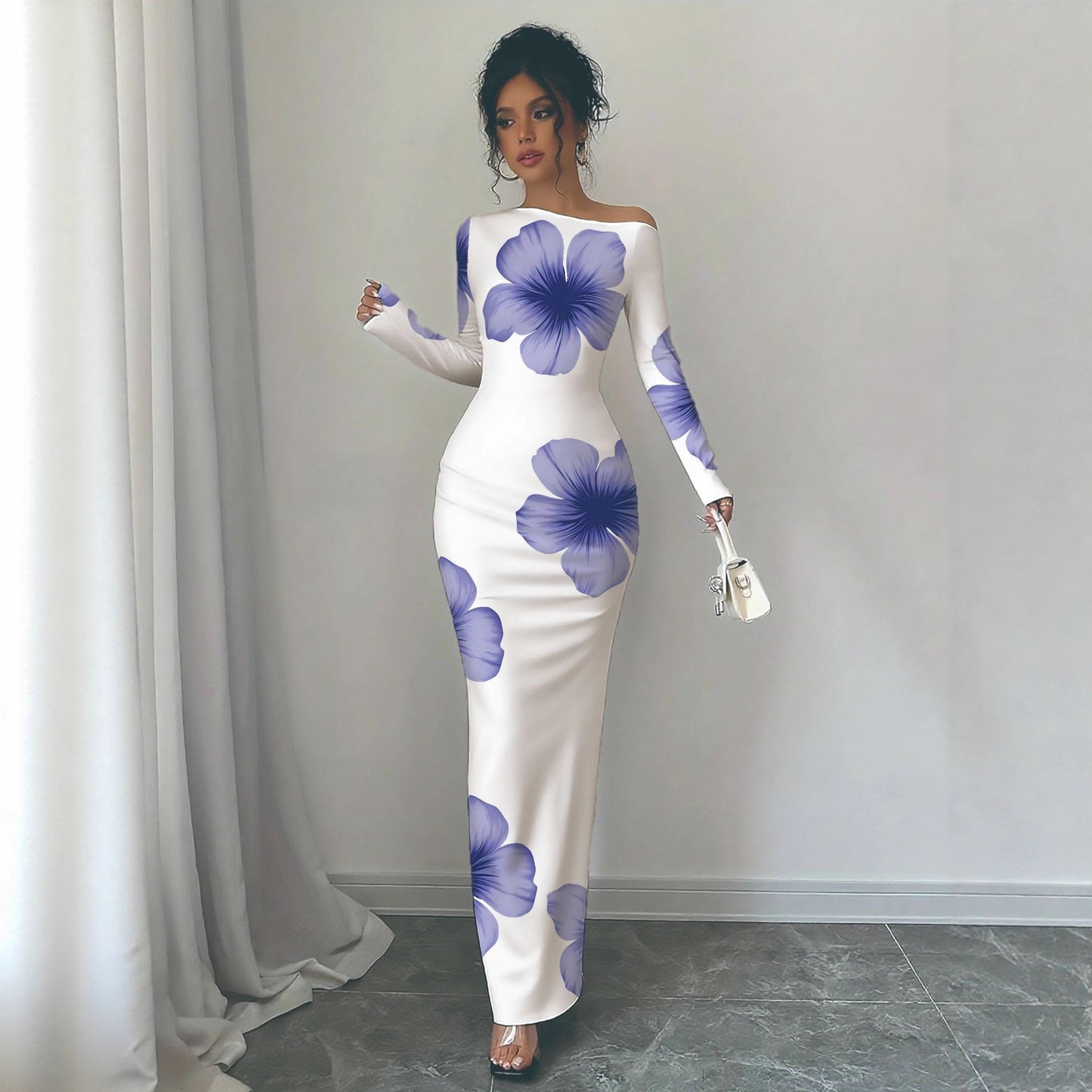 Damen elegantes Langarmkleid mit floralem Motiv Stalluxe