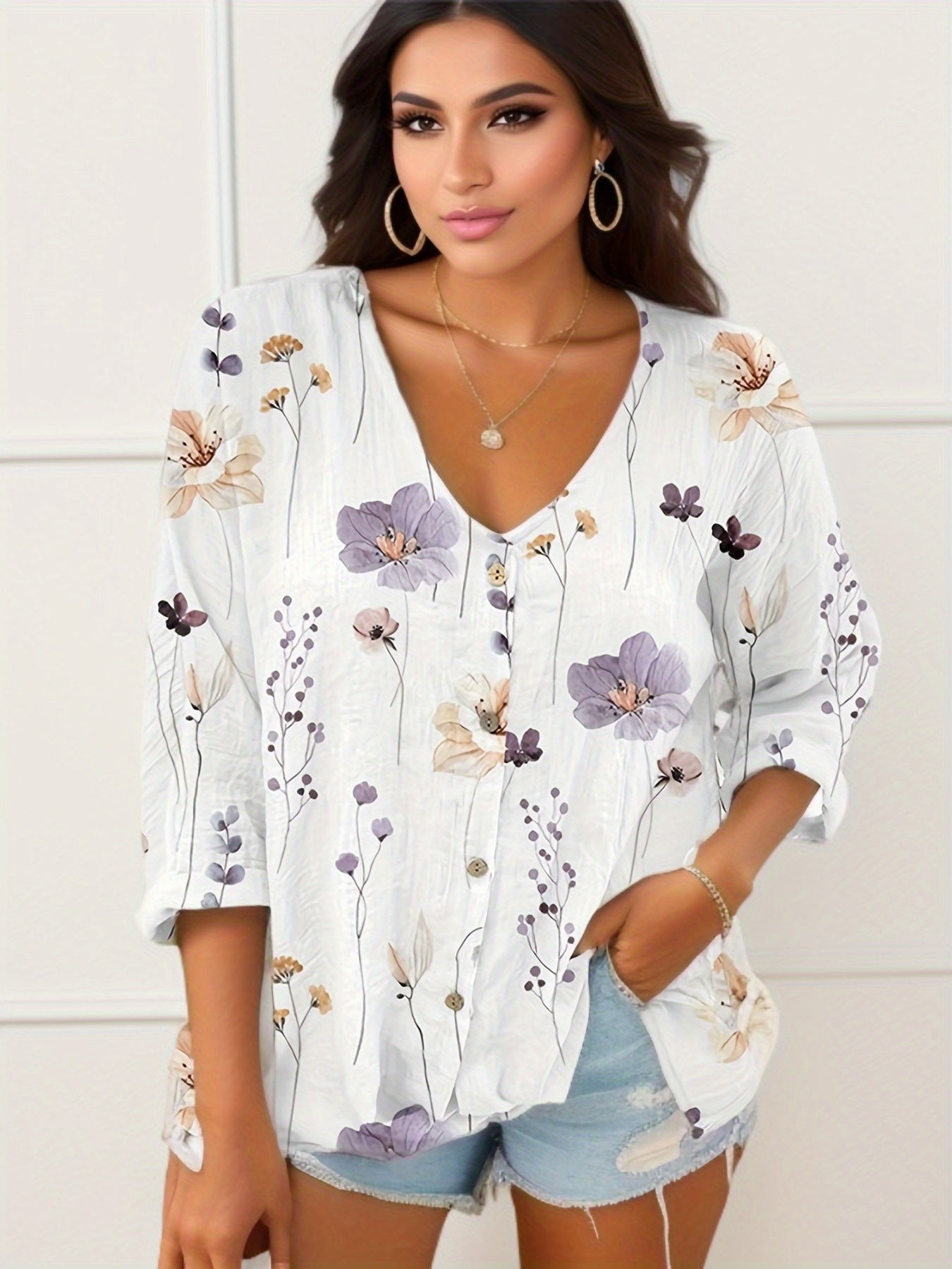 Damen Lässiges Blusenshirt mit floralem Druck und Knopfverschluss Stalluxe