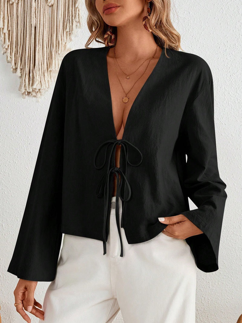 Damen lässige Blumenshirt mit tiefer V-Ausschnitt und Kordelzug Stalluxe