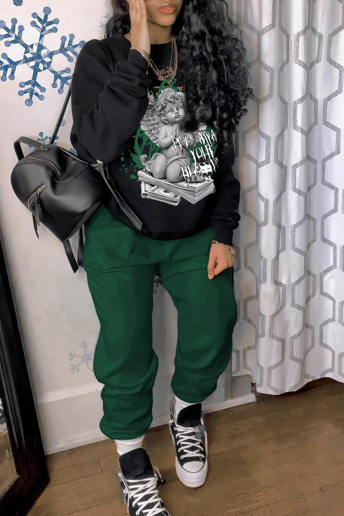 Damen Freizeit Hoodie und Jogginghose Set mit kreativem Engel-Motiv Stalluxe
