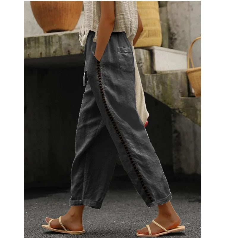 Damen Lockere Leinenhose mit seitlicher Knopfdetail Stalluxe