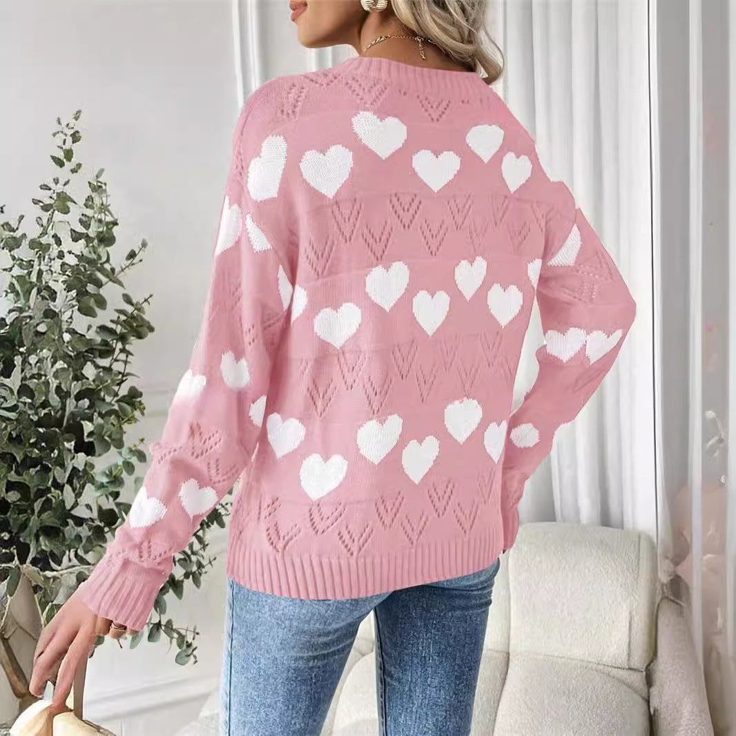 Damen kuscheliger Pullover mit herzförmigem Muster und V-Ausschnitt Stalluxe