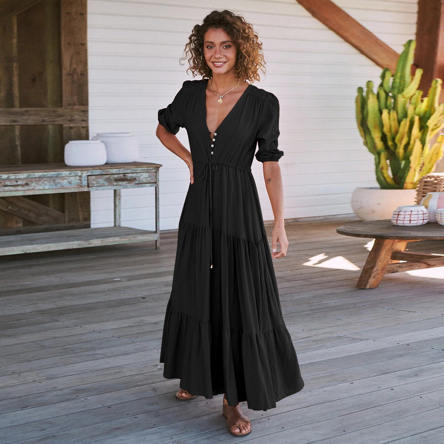Damen Maxi Kleid mit V-Ausschnitt und Ballonärmeln Stalluxe