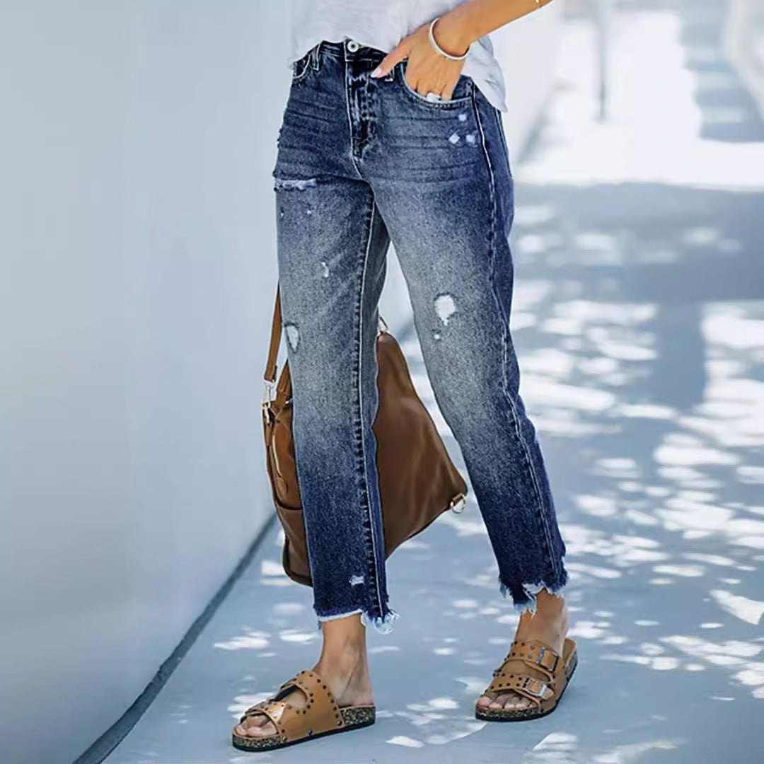 Damen Mom-Jeans mit hohem Bund und ausgefranstem Saum Stalluxe