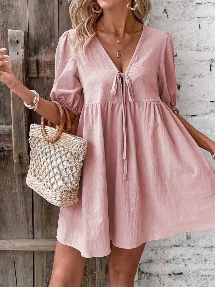 Damen luftiges Sommerkleid mit V-Ausschnitt und Raffungen Stalluxe