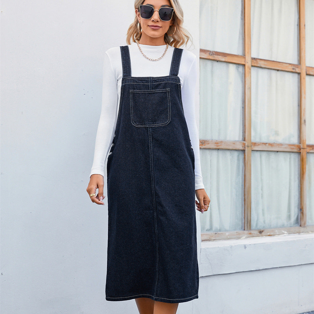 Damen Denim-Latzkleid mit praktischen Seitentaschen und modernem Schnitt Stalluxe