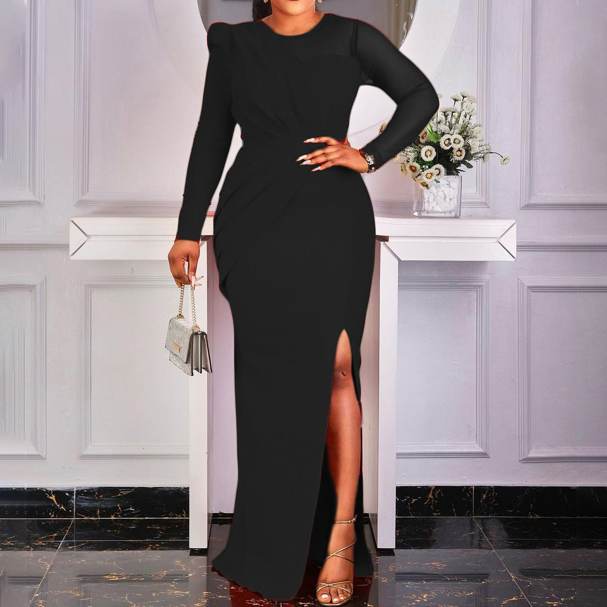 Damen Elegantes Maxikleid mit Hochserventkreuz-Ausschnitt und Schlitz Stalluxe