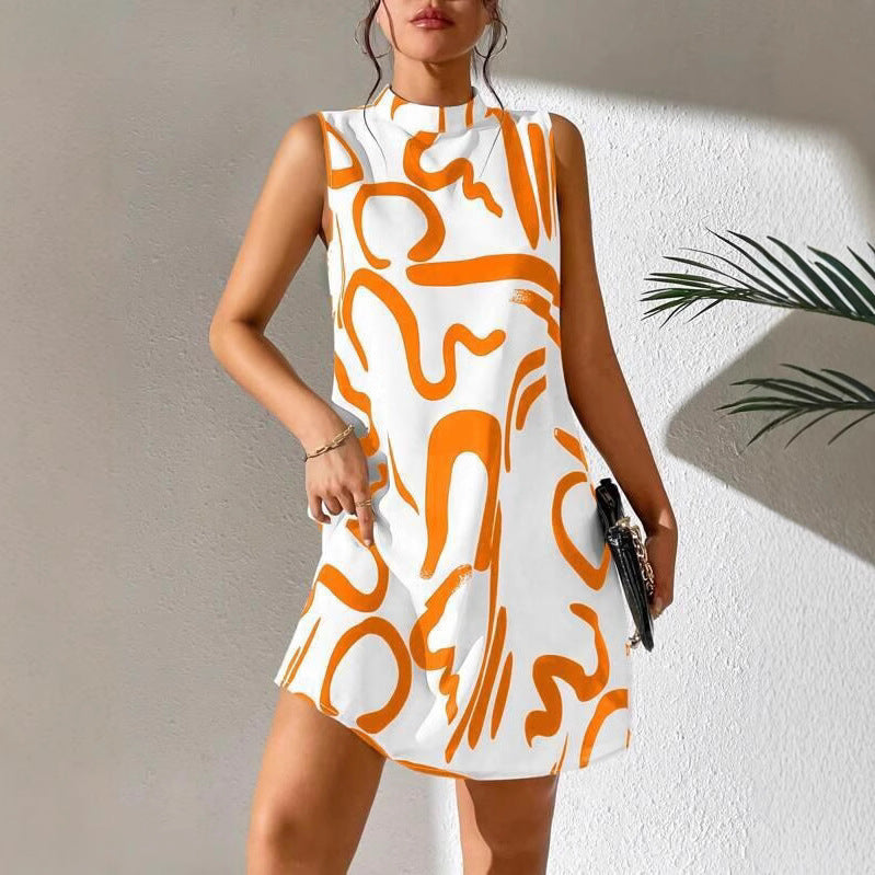 Damen A-linien Minikleid mit modernem grafischem Muster und Stehkragen Stalluxe