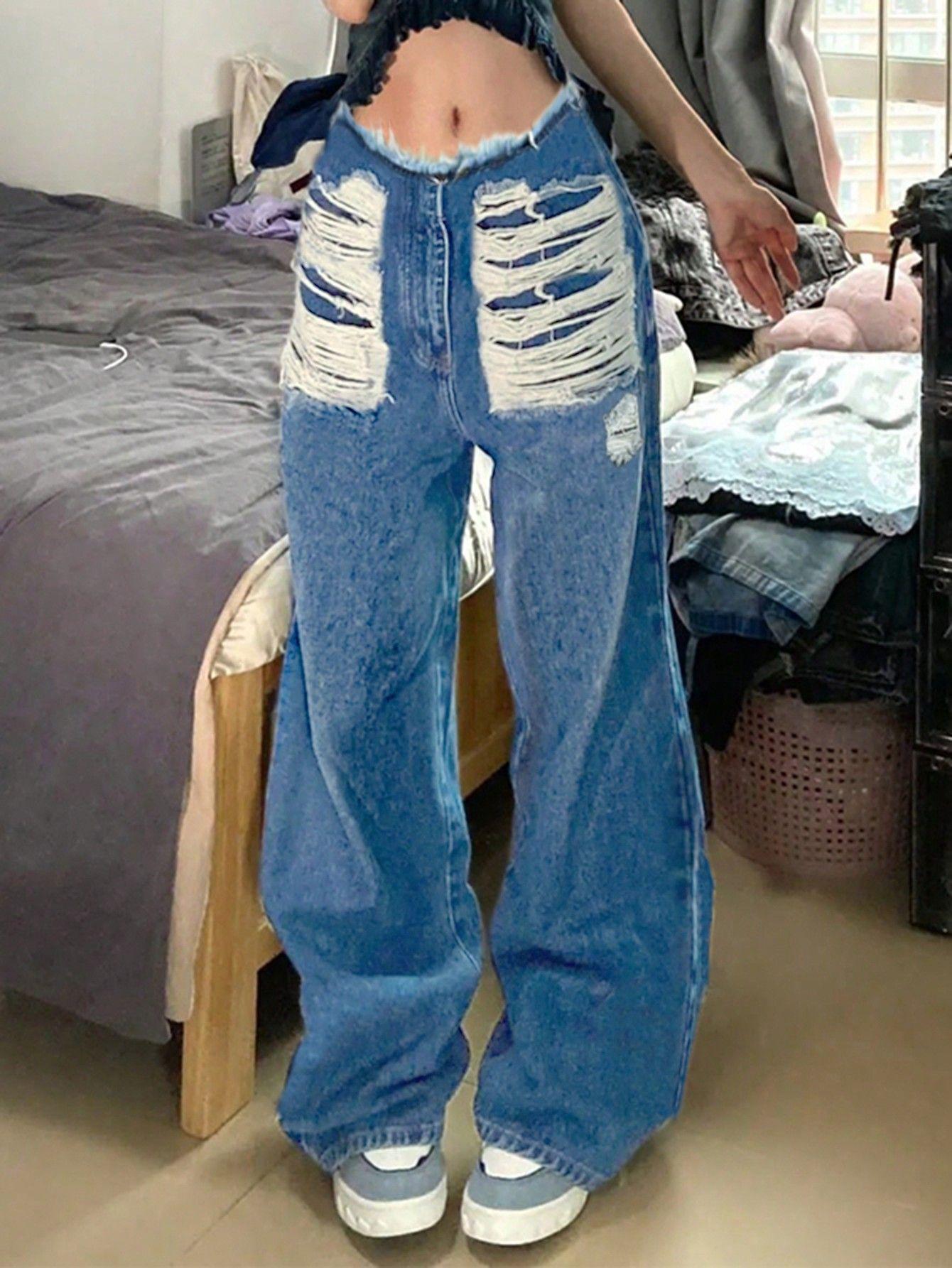 Damen Exklusive High-Waist Jeans mit Distressed-Details und weitem Bein Stalluxe