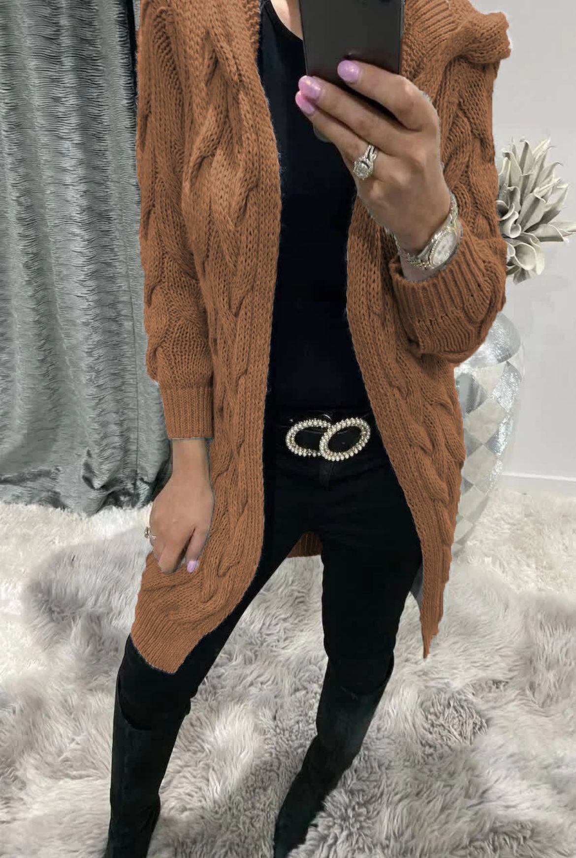 Damen Grobstrick-Cardigan mit Kapuze und Zopfmuster Stalluxe