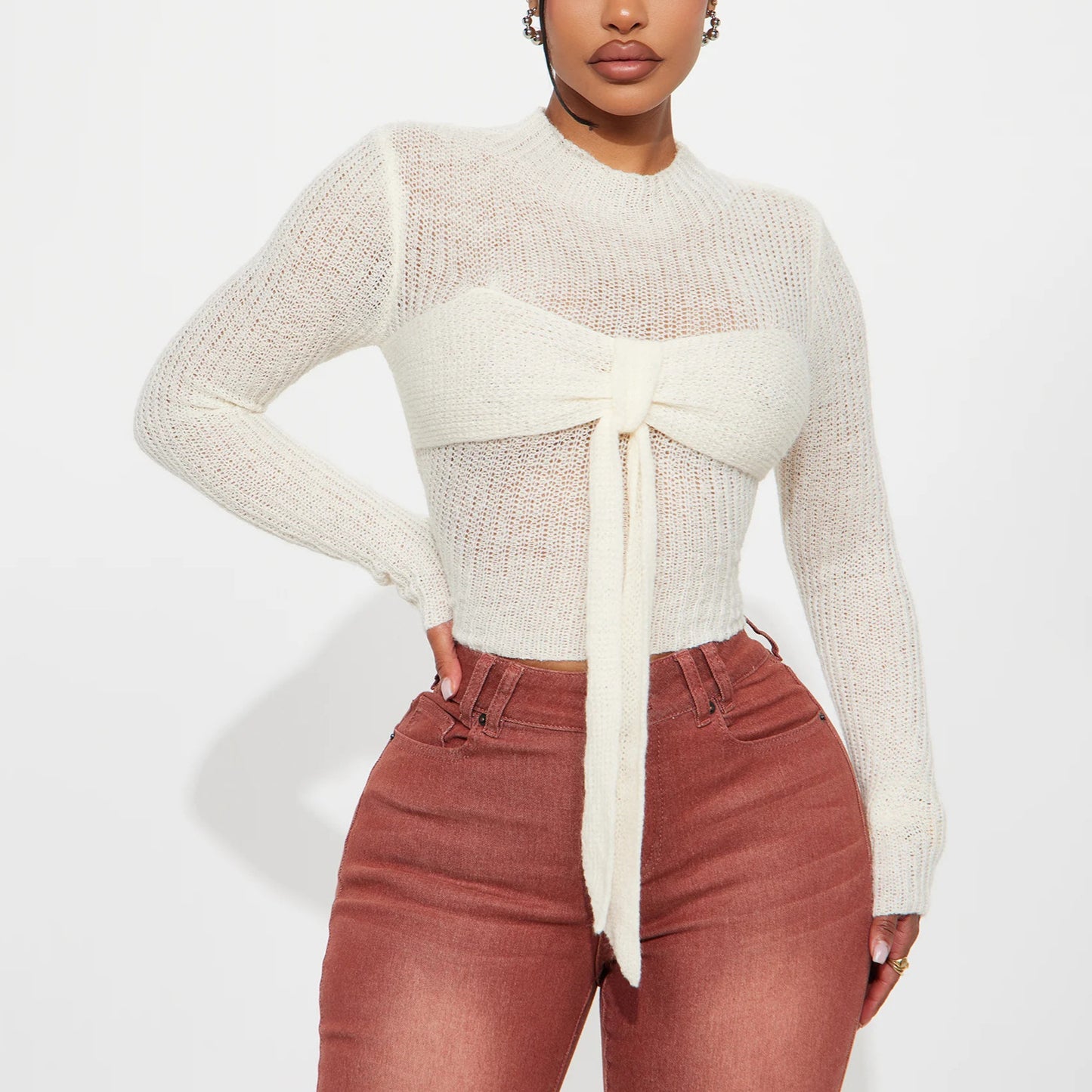 Damen Elegantes Strickoberteil mit feiner Maschenstruktur und transparenten Einsätzen Stalluxe