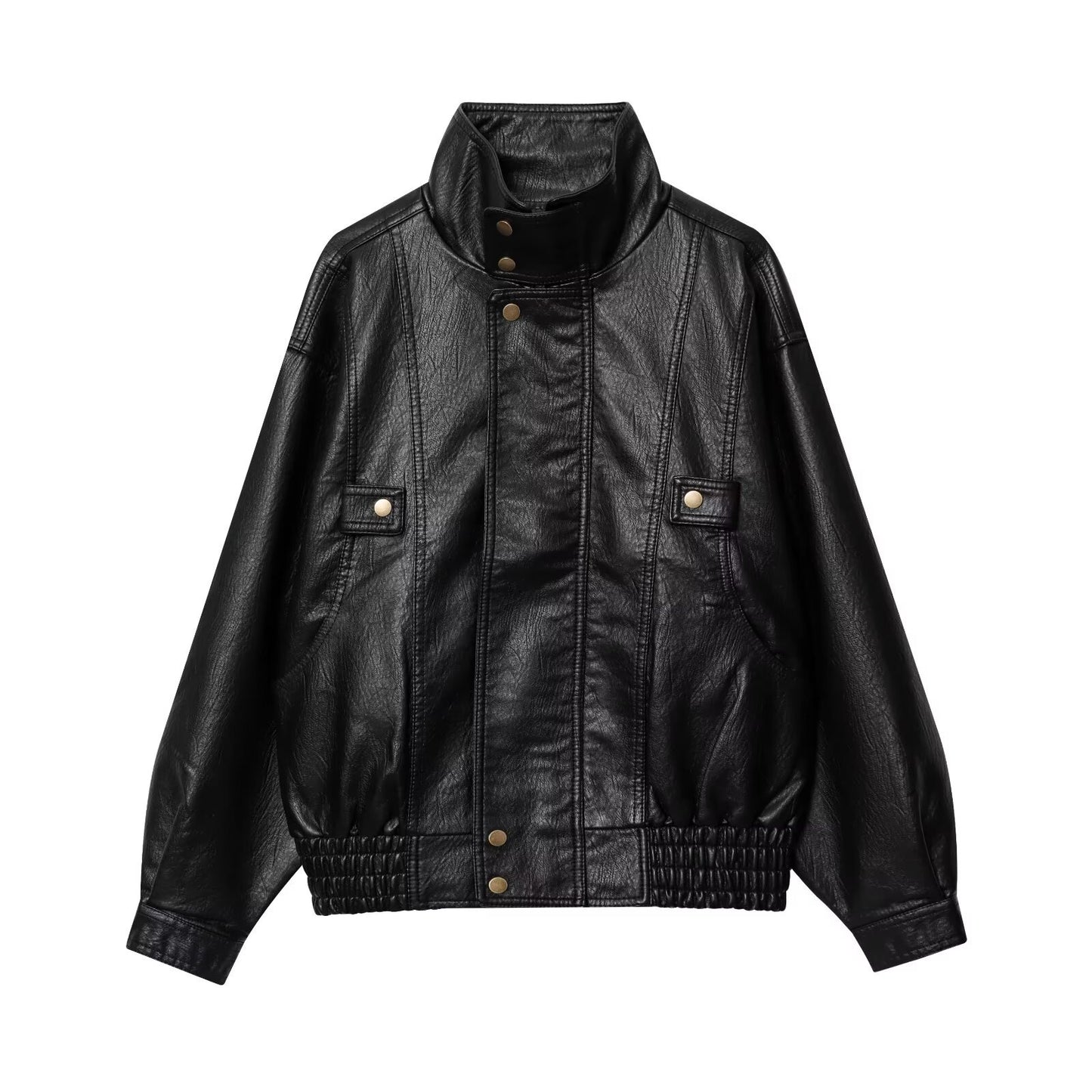 Damen modische Kunstlederjacke mit hohen Kragen und praktischen Knopfdetails Stalluxe