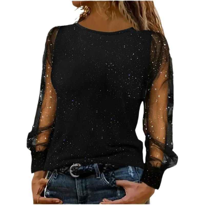 Damen elegantes Oberteil mit glitzernden transparenten Ärmeln Stalluxe