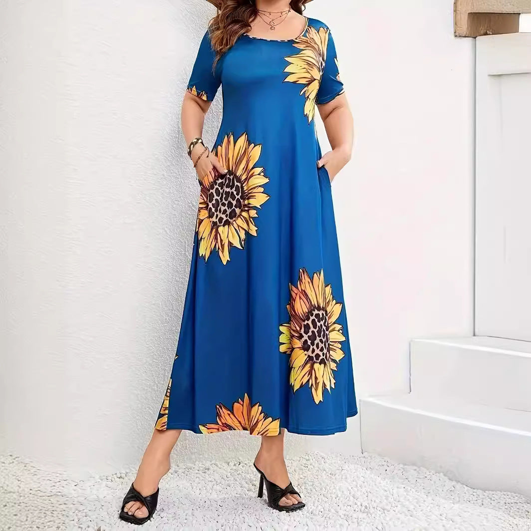 Damen Sommerliches Maxikleid mit floralem Sonnenblumenmuster und praktischen Taschen Stalluxe