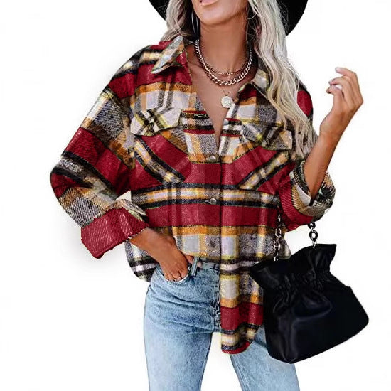 Damen Karierter Overshirt mit Knöpfen und Brusttaschen Stalluxe