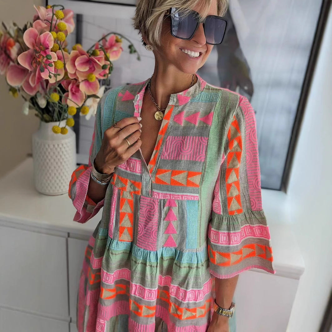 Damen luftiges Boho-Kleid mit eingewebten Mustern und kurzen Ärmeln Stalluxe