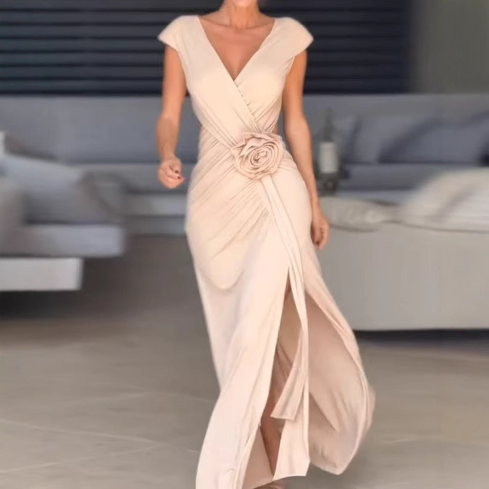 Damen Elegantes Wickelkleid mit Blumenapplikation Stalluxe