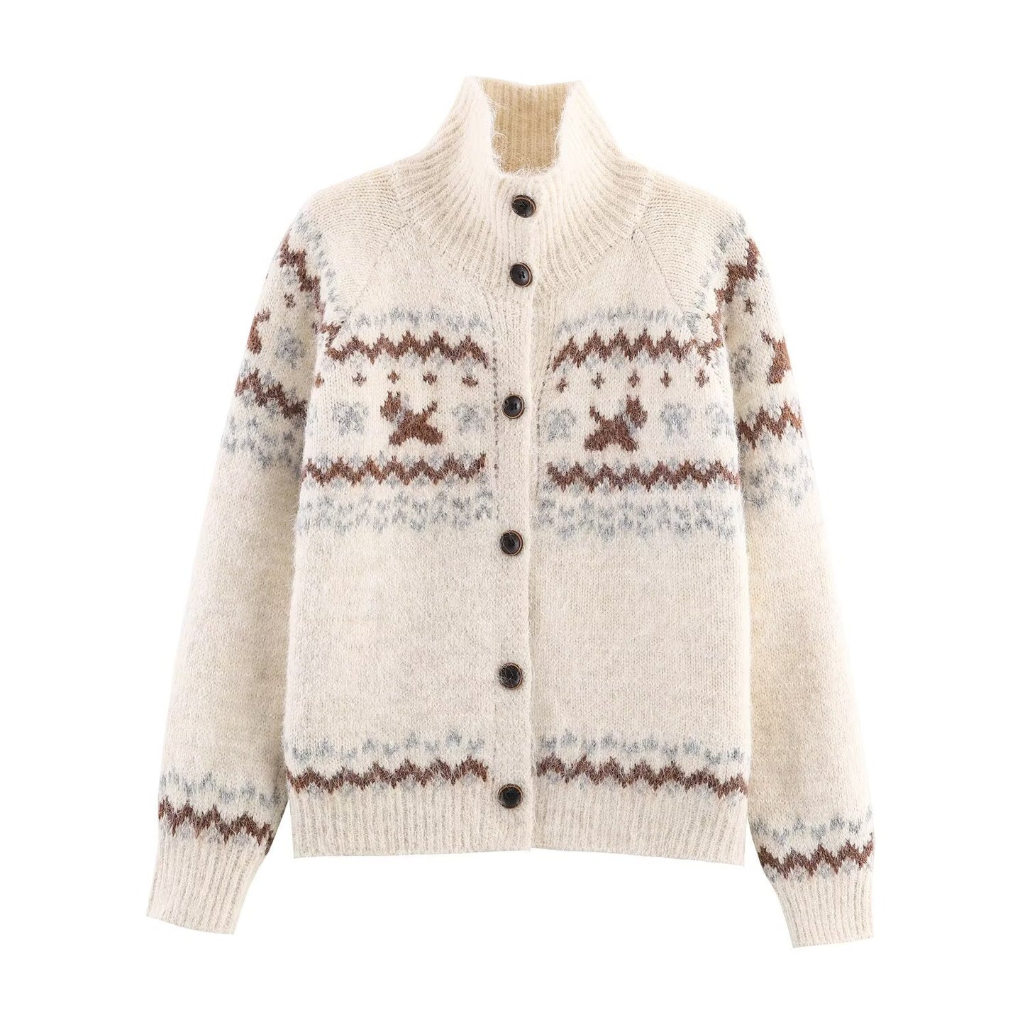 Damen Strickjacke mit traditionellem Muster und hochgeschlossenem Kragen Stalluxe