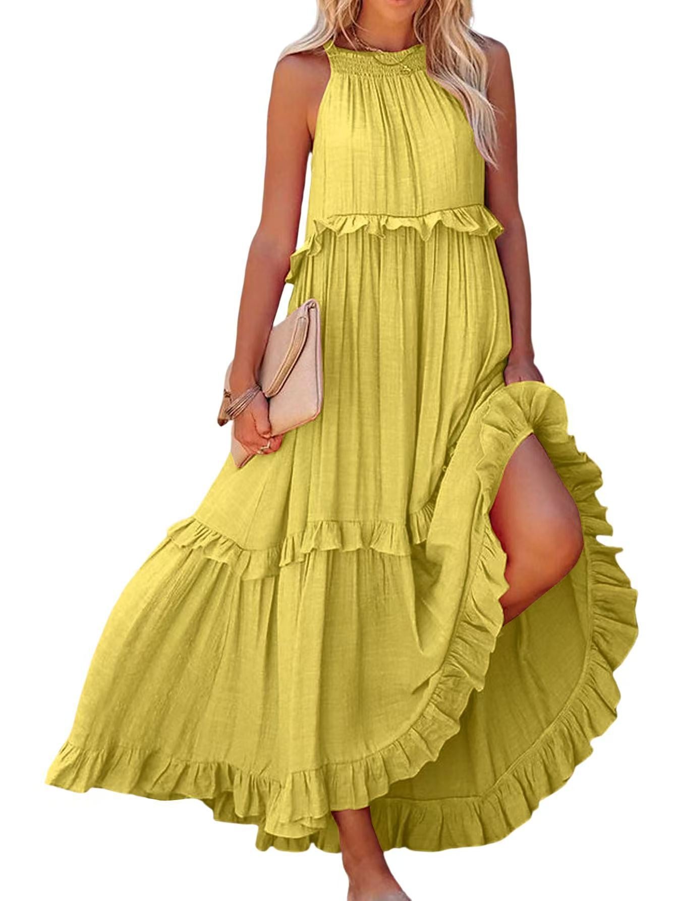 Damen Luftiges Maxikleid mit Rüschendetails und hoher Taille Stalluxe