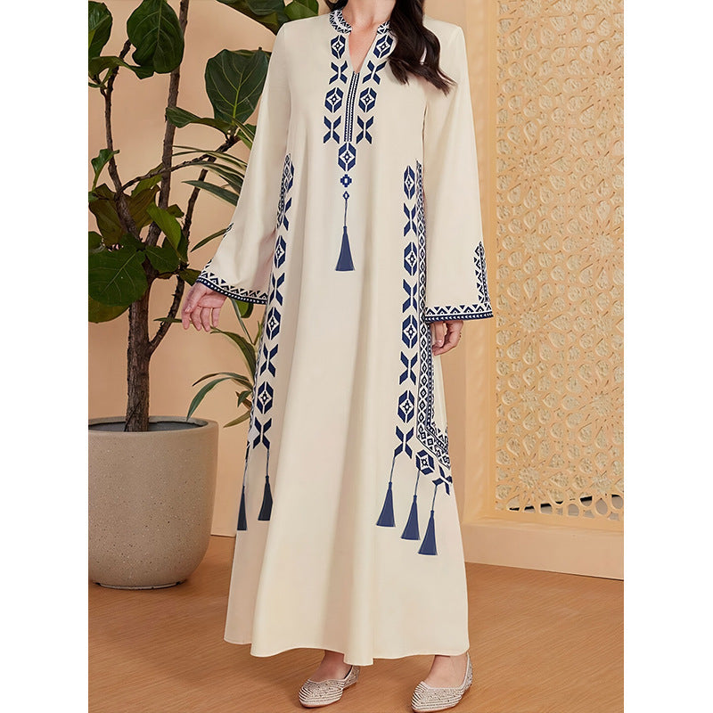 Damen Kaftan-Kleid mit kunstvollem besticktem Design und elegantem V-Ausschnitt Stalluxe