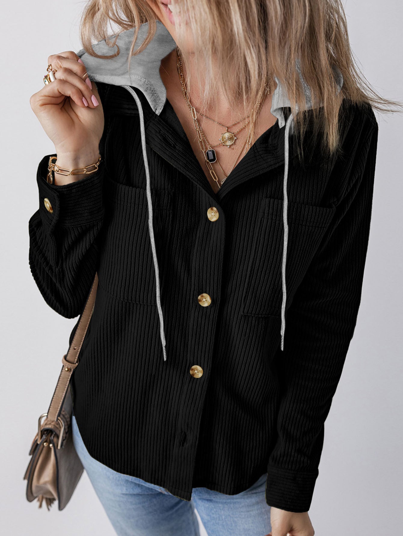 Damen Cargo-Hemdjacke mit Kapuze und modischem Rippstrickdesign Stalluxe