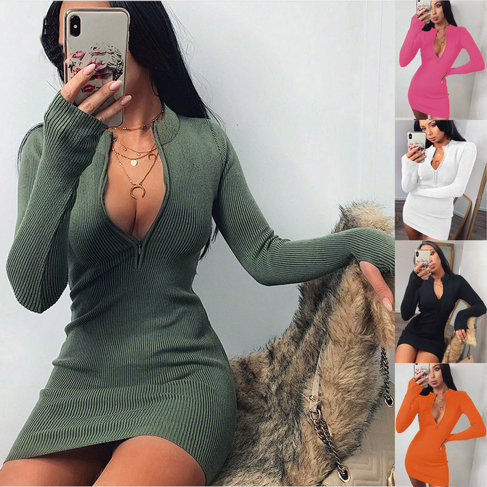 Damen Knit Kleid mit tiefem V-Ausschnitt und langen Ärmeln Stalluxe