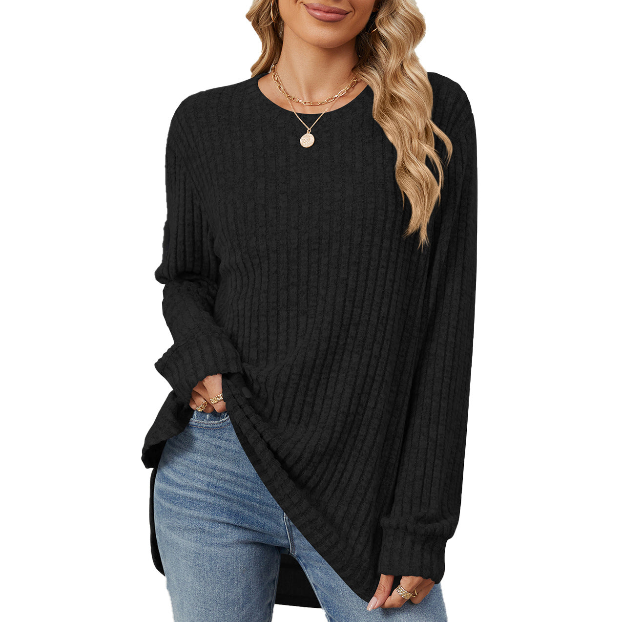 Damen lässiges Longsleeve Oberteil mit modischem Rippmuster und lockerer Passform Stalluxe