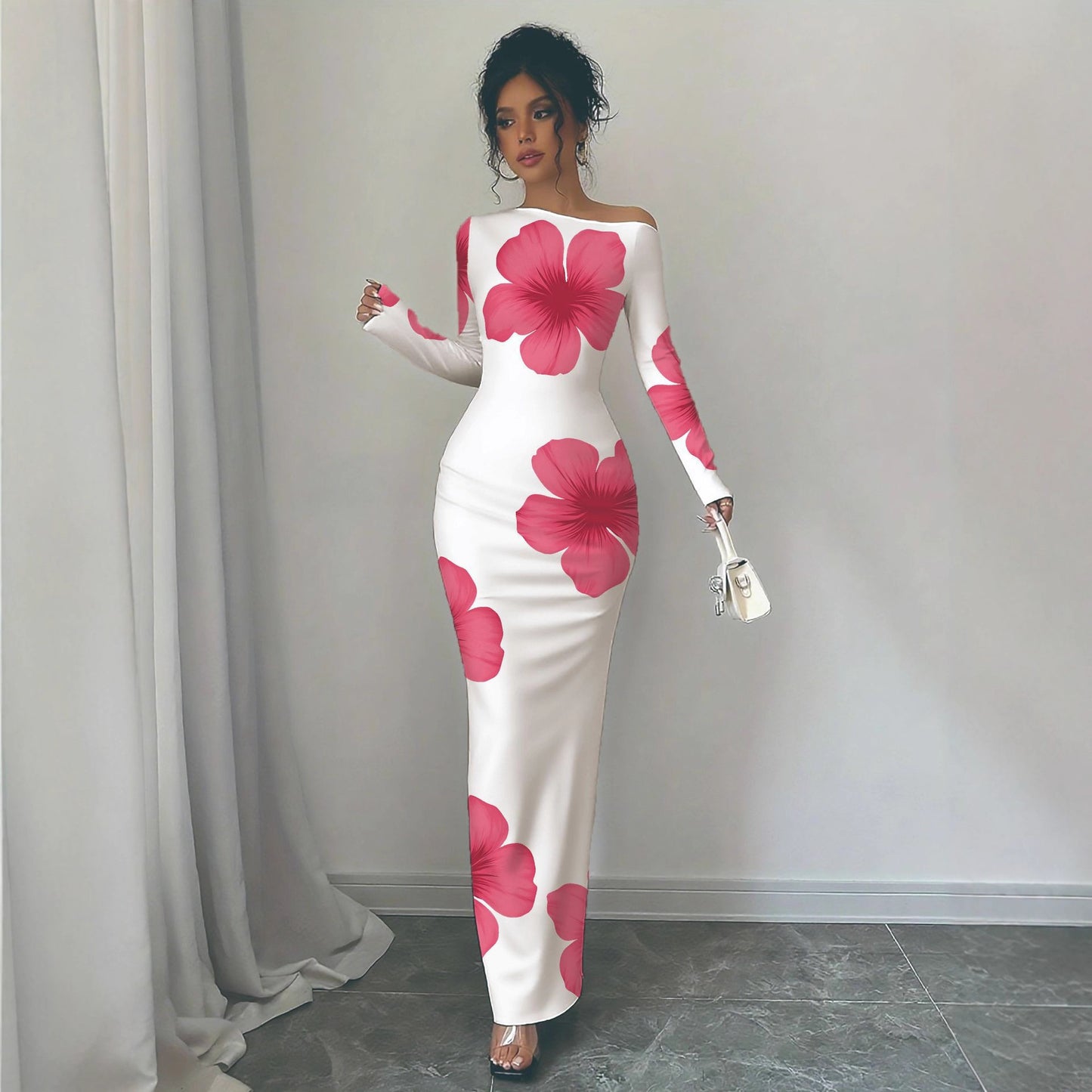 Damen elegantes Langarmkleid mit floralem Motiv Stalluxe