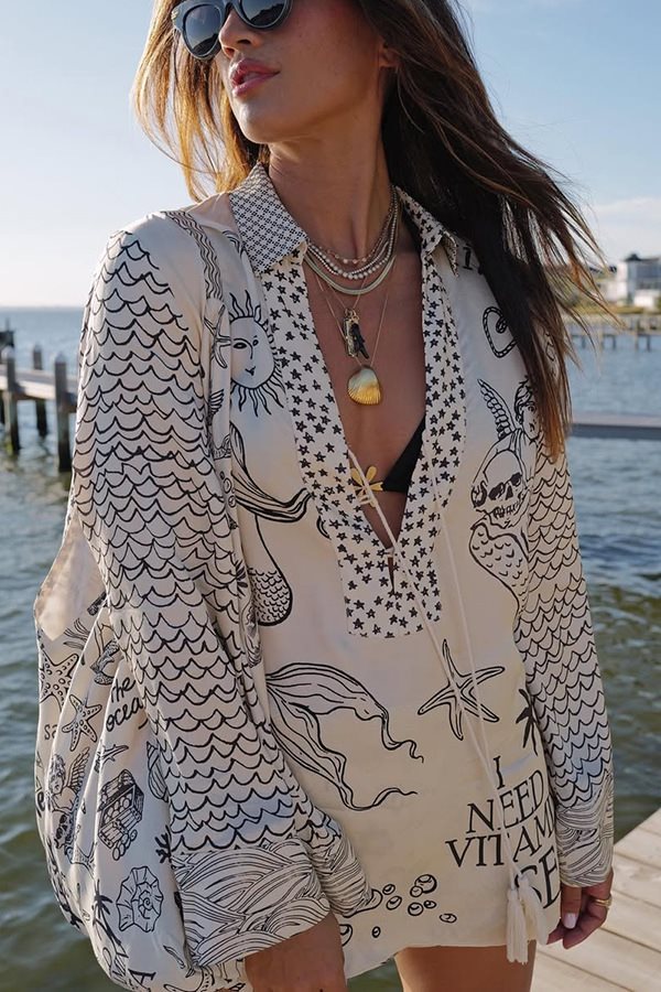 Damen lässige Strandbluse mit kunstvollem maritimem Druck und schickem V-Ausschnitt Stalluxe