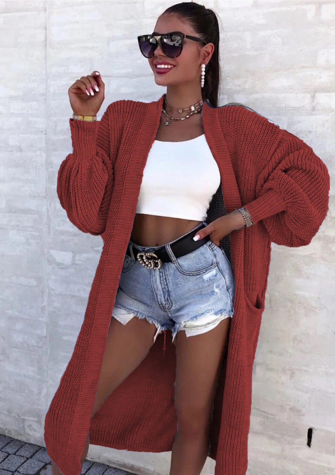 Damen Langer Strickcardigan mit weiten Ärmeln und praktischen Taschen Stalluxe